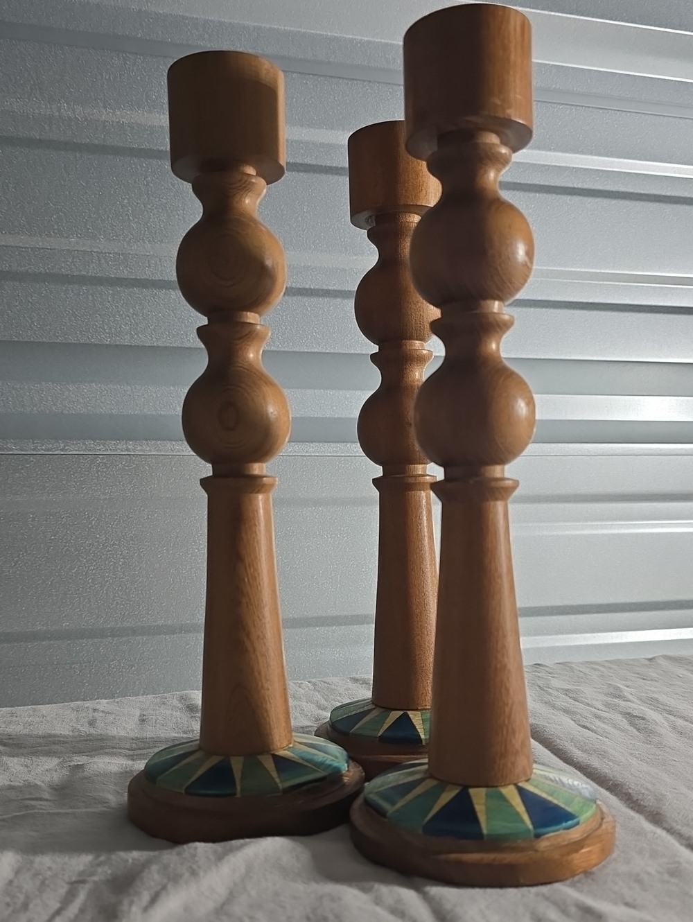Wooden Candlestick Holder with Geometric Painted Base